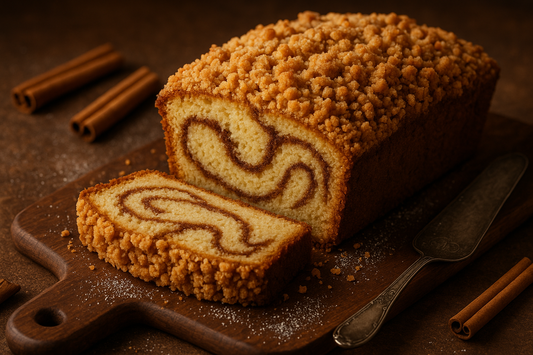 homemade cinnamon swirl pound cake with crumble topping 