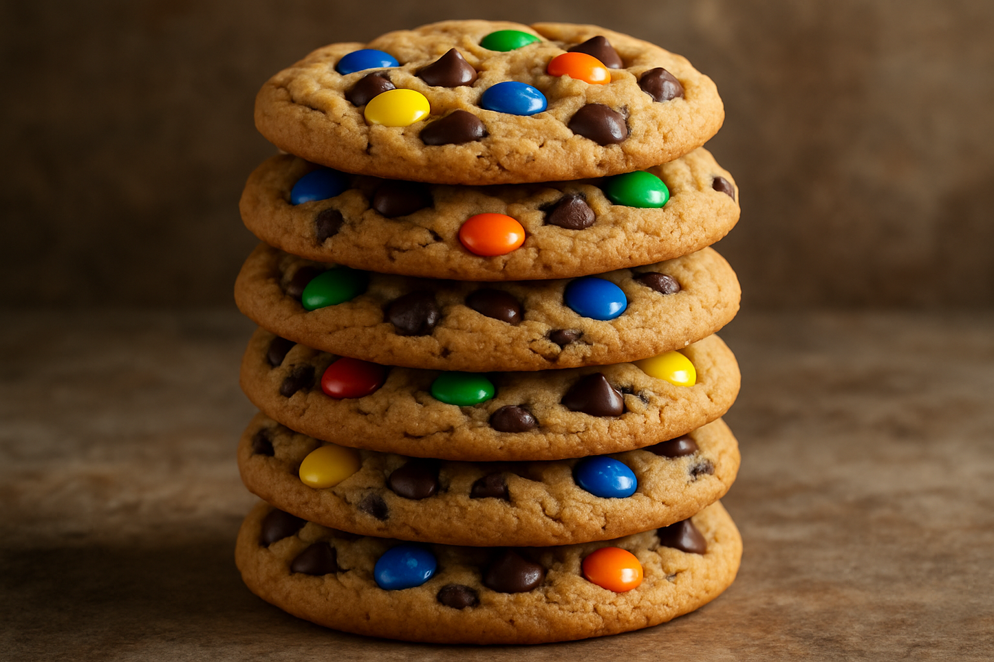 m&m chocolate chip cookie stack